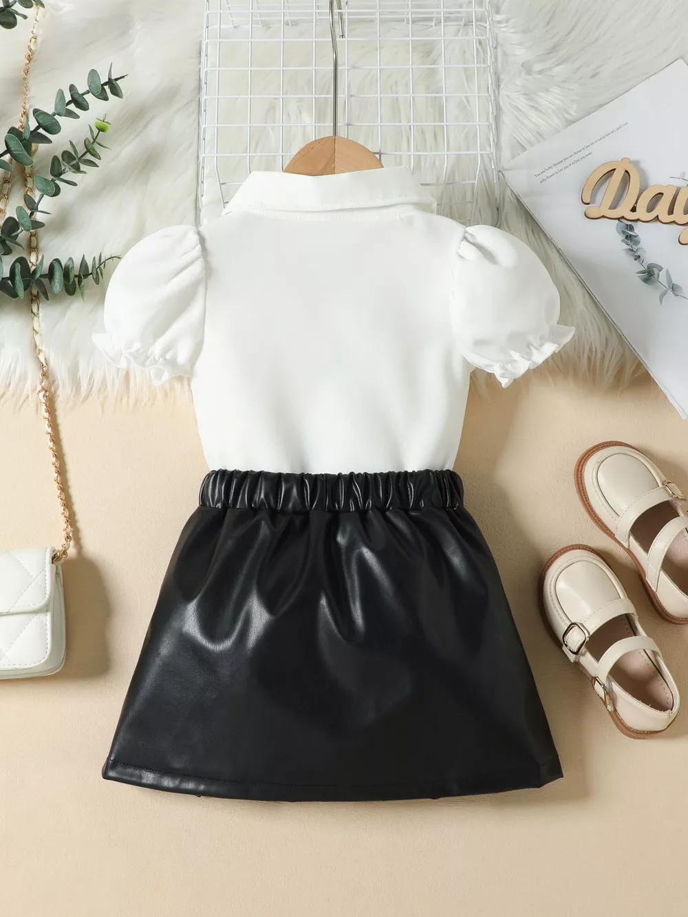 Children's Ruffle Trim Puff Sleeve Top & Pleated Skirt Set, image 6