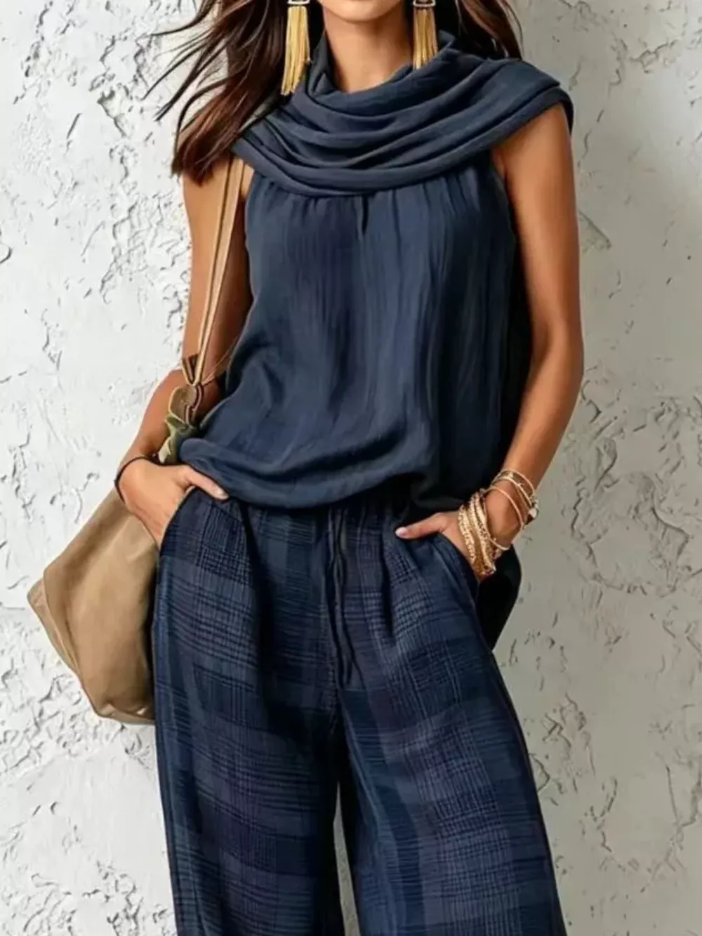 Full Size Sleeveless Cowl Neck Top and Plaid Wide-Leg Pant Two-Piece Set Plus Size, image 11