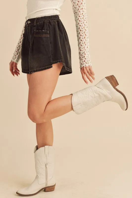 Frayed Hem Elastic Waist Denim Shorts, image 3