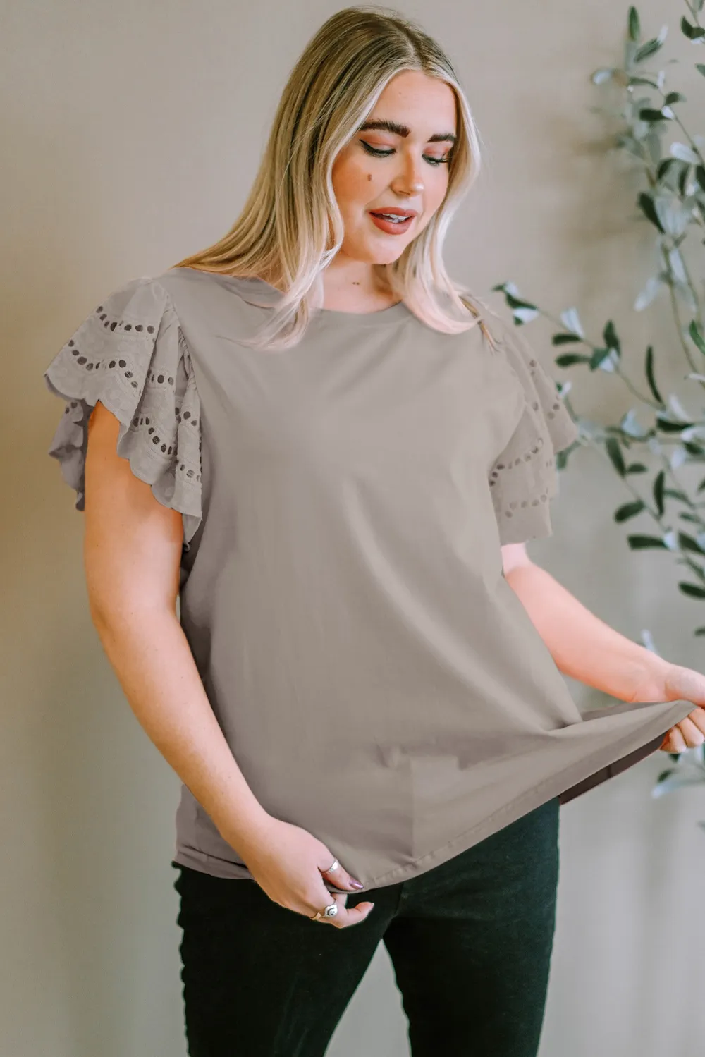 Plus Size Eyelet Round Neck Short Sleeve Blouse, image 4