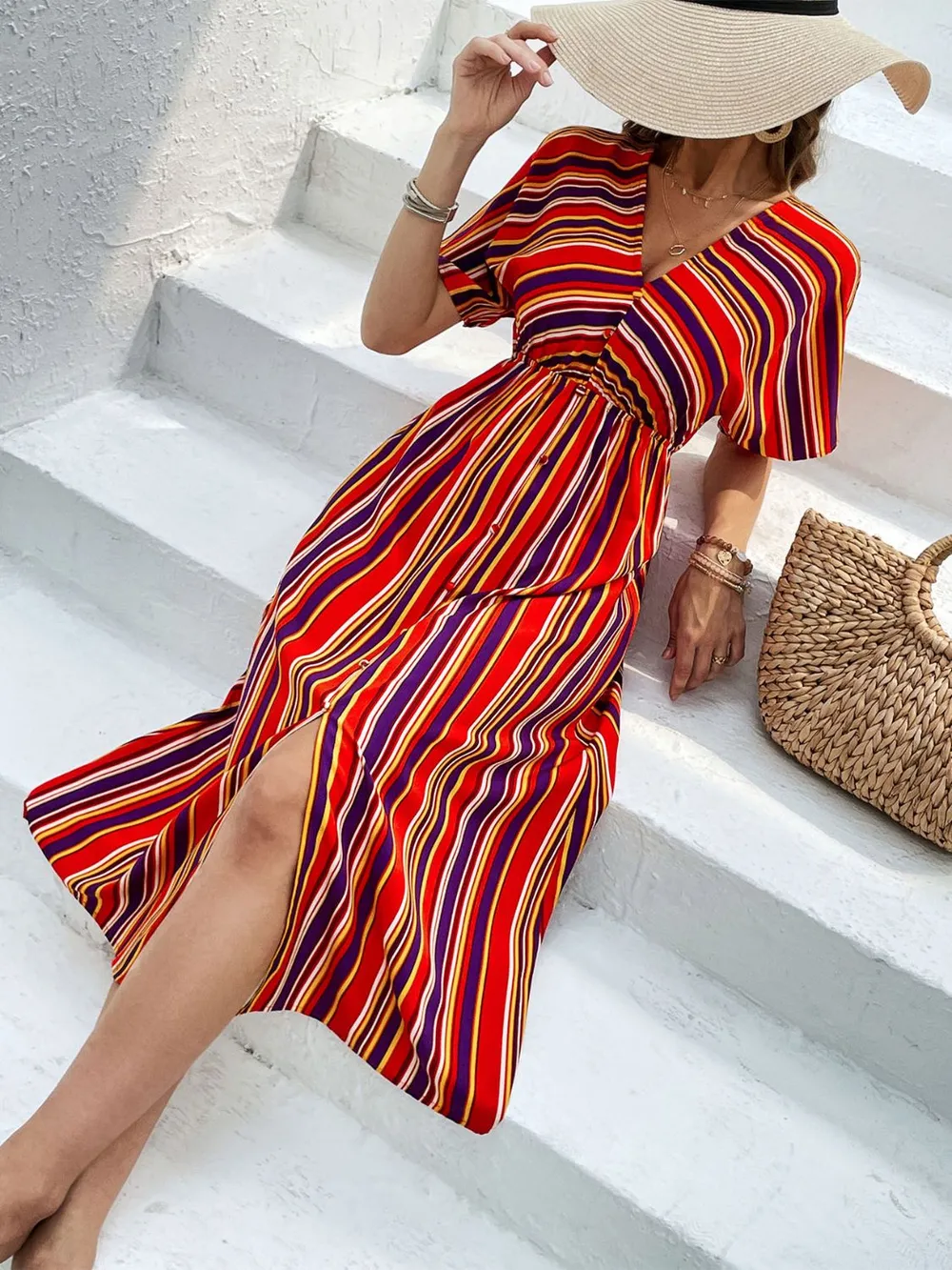 Slit Striped V-Neck Short Sleeve Midi Dress, image 3