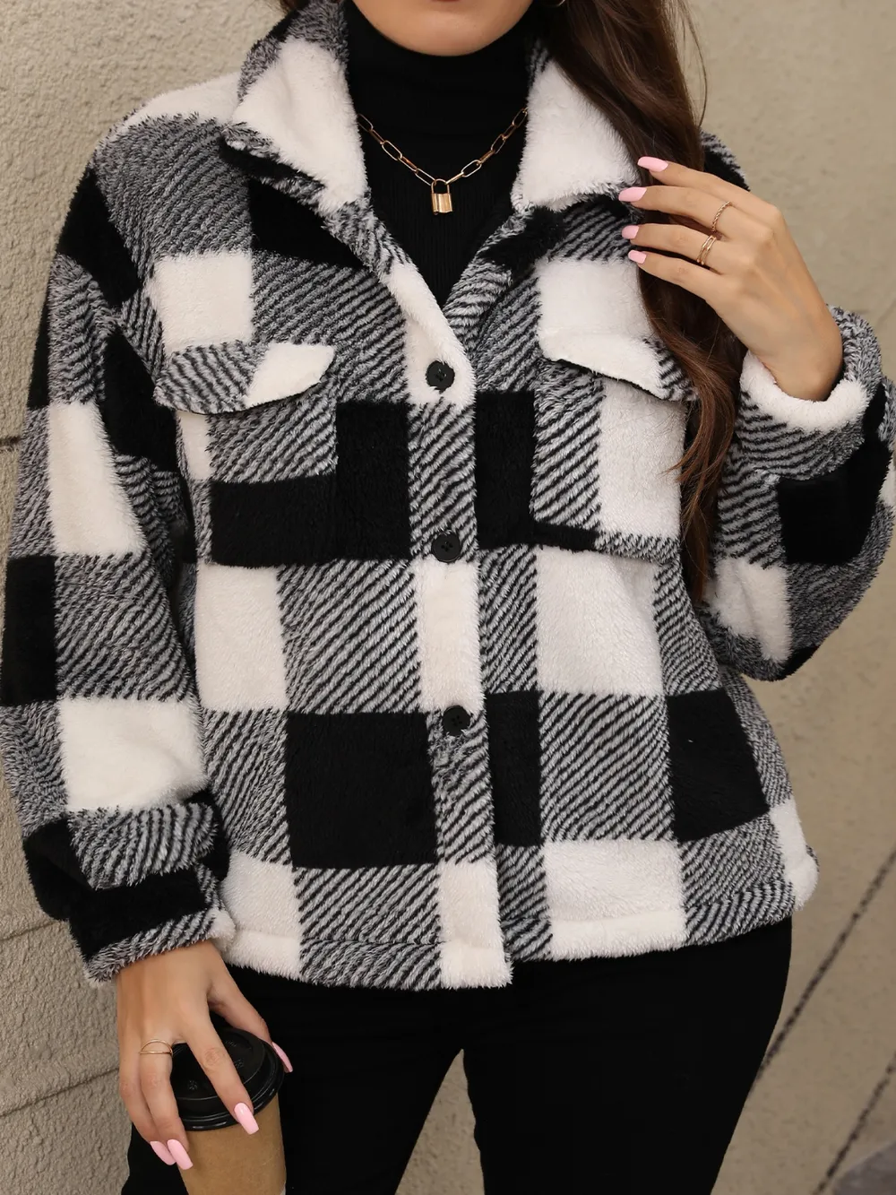 Plus Size Pocketed Plaid Collared Neck Jacket, image 6