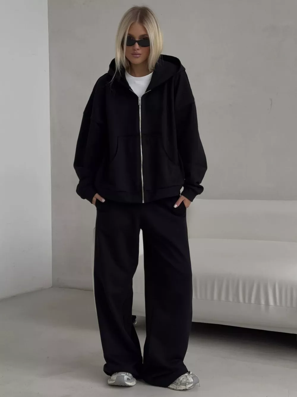 Casual Zip-Up Hoodie and Wide-Leg Sweatpants Set, image 12