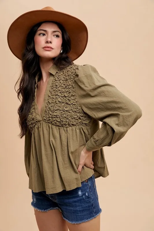 Smocked Front Long Sleeve Babydoll Blouse, image 4