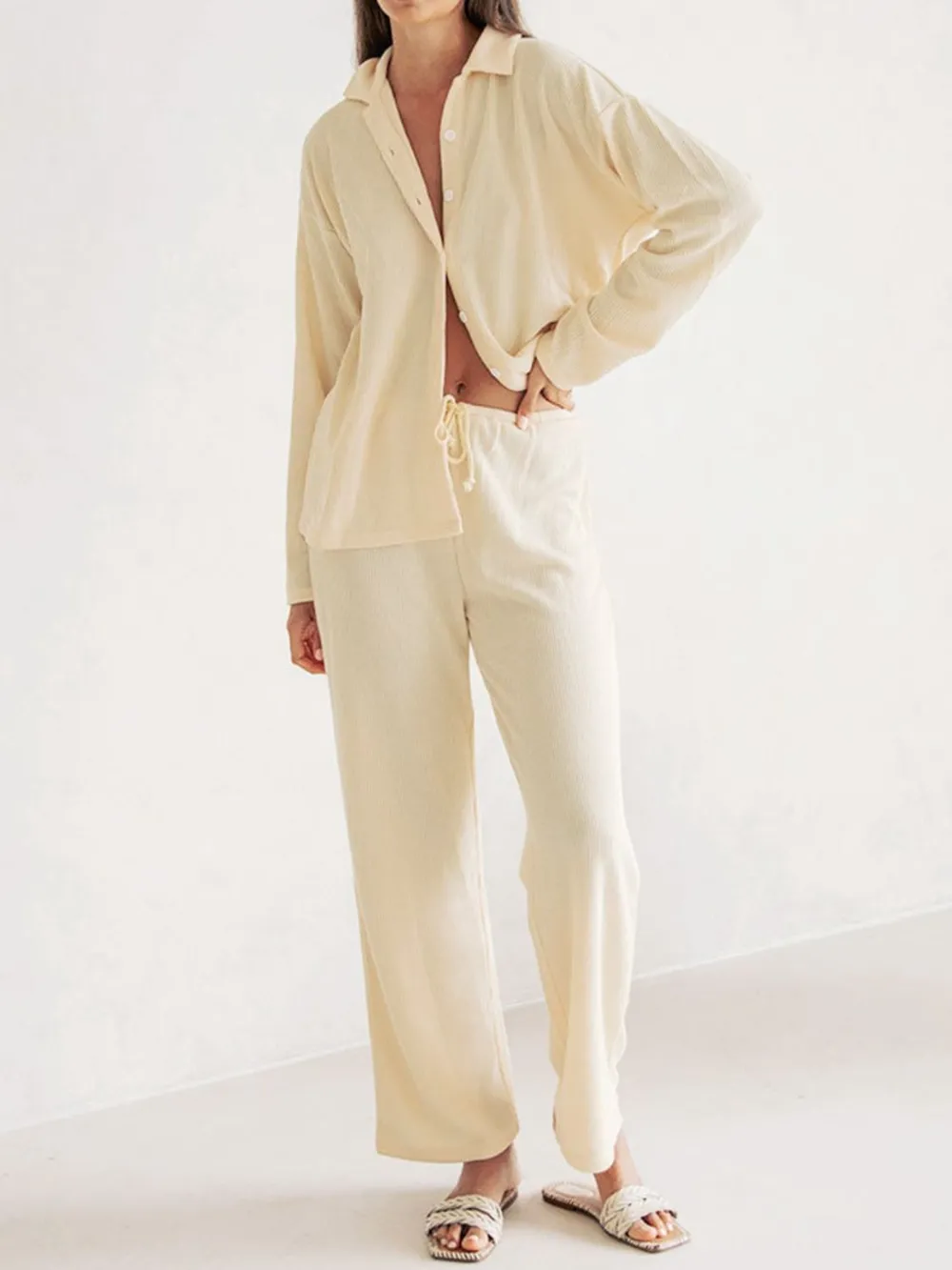 Collared Neck Long Sleeve Top and Drawstring Pants Set, image 9