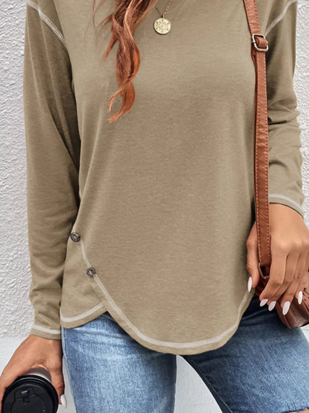 Casual Long Sleeve Exposed Seam T-Shirt with Decor Button, image 13