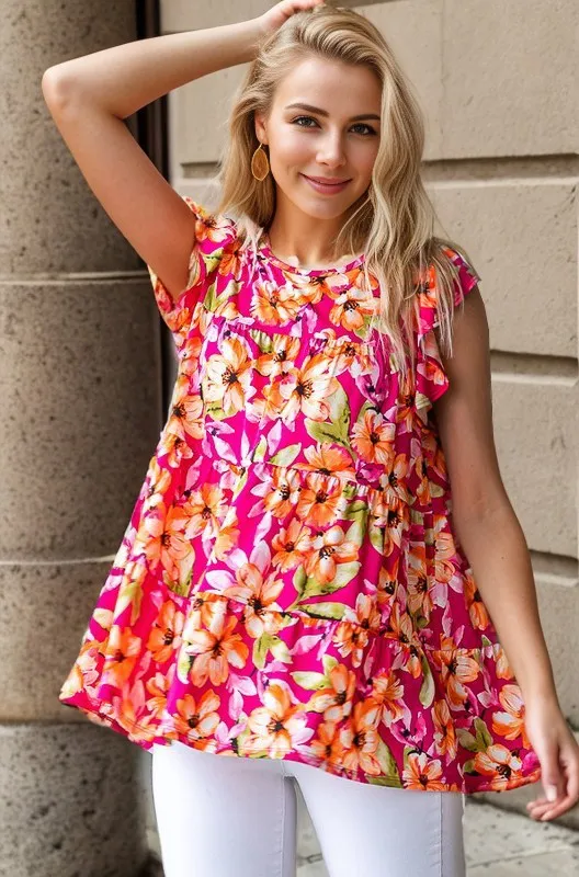 Full Size Butterfly Sleeve Floral Tiered Top Plus Size