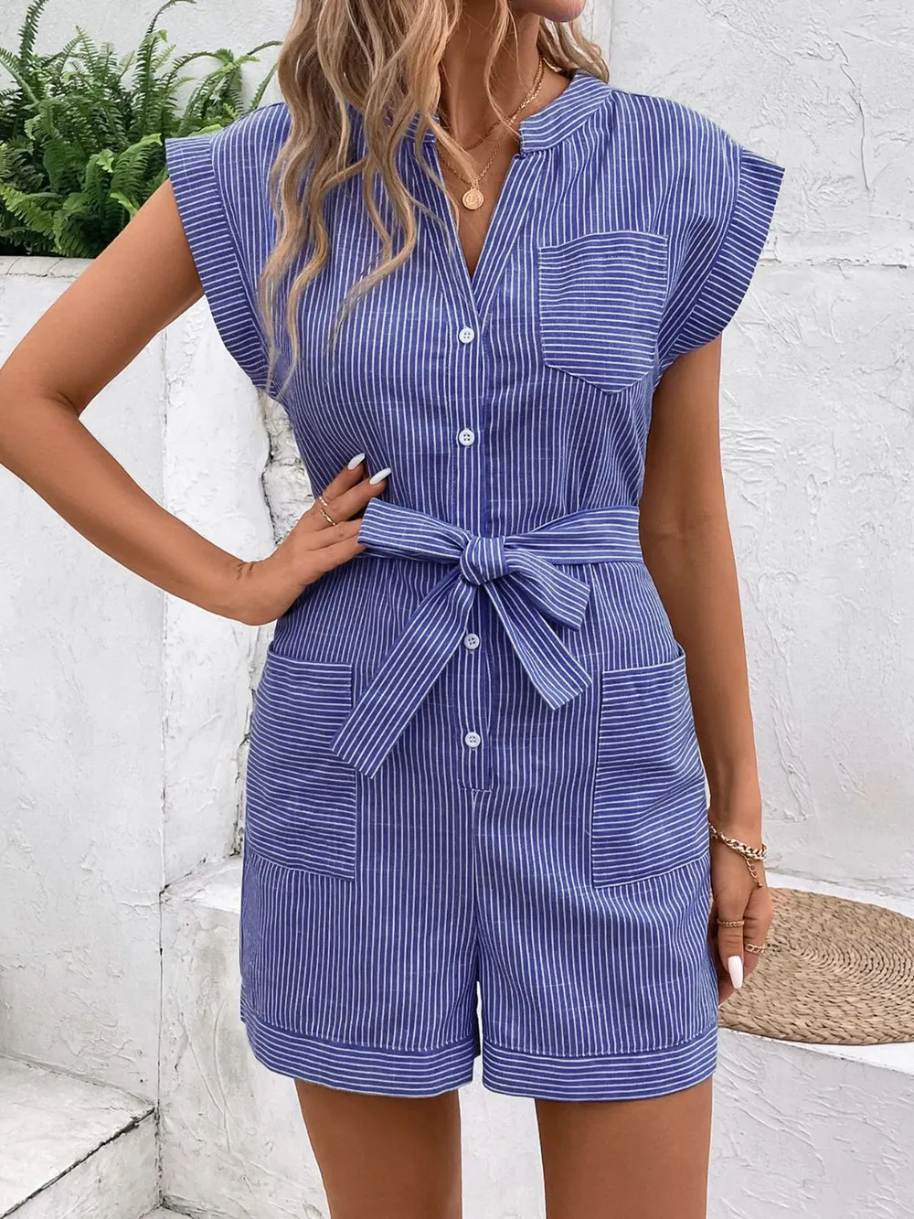 Striped Notched Tie Waist Romper, image 7