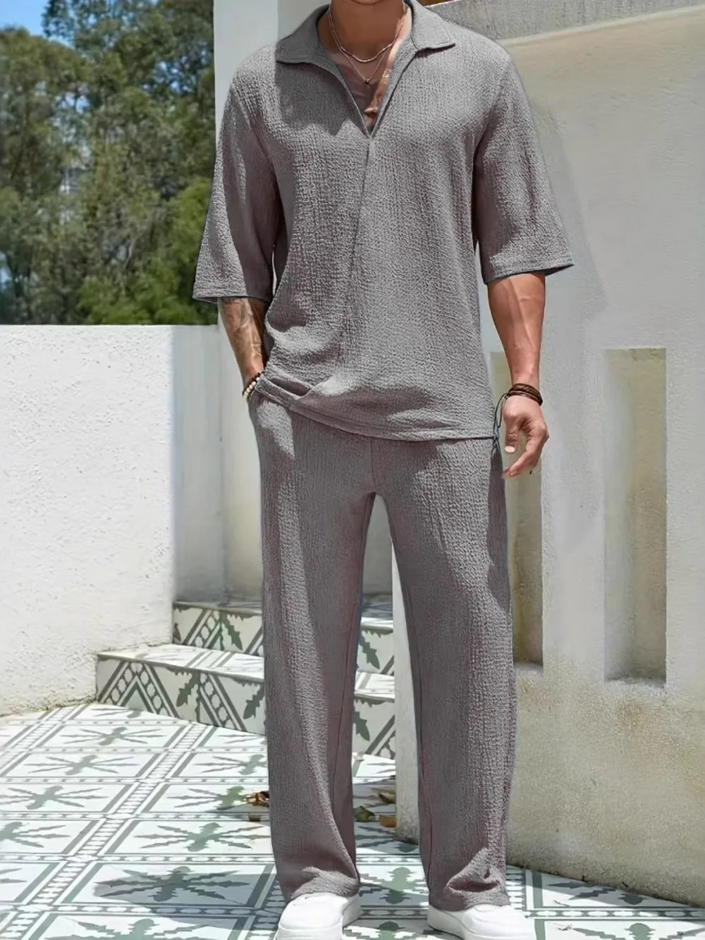 Men's Johnny Collar Half Sleeve Top and Pants Set, image 5