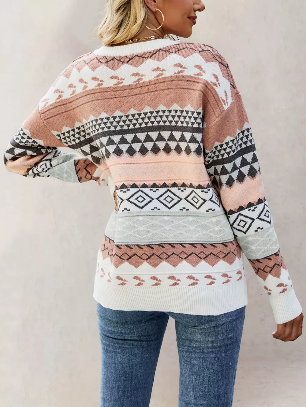 Geometric Pattern Round Neck Sweater, image 6