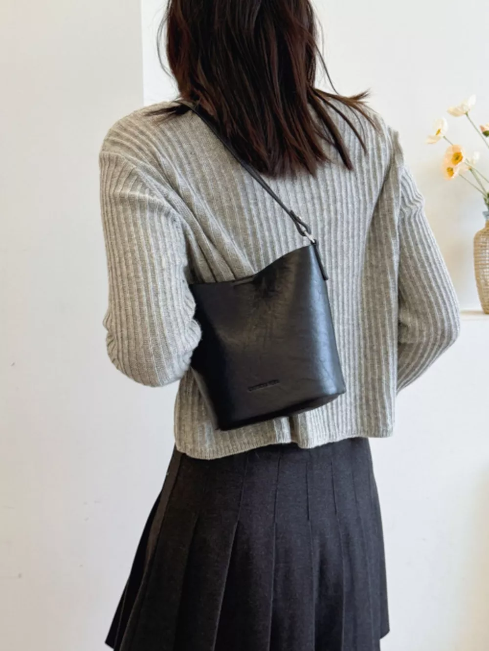 Leather Bucket Crossbody Bag, image 5