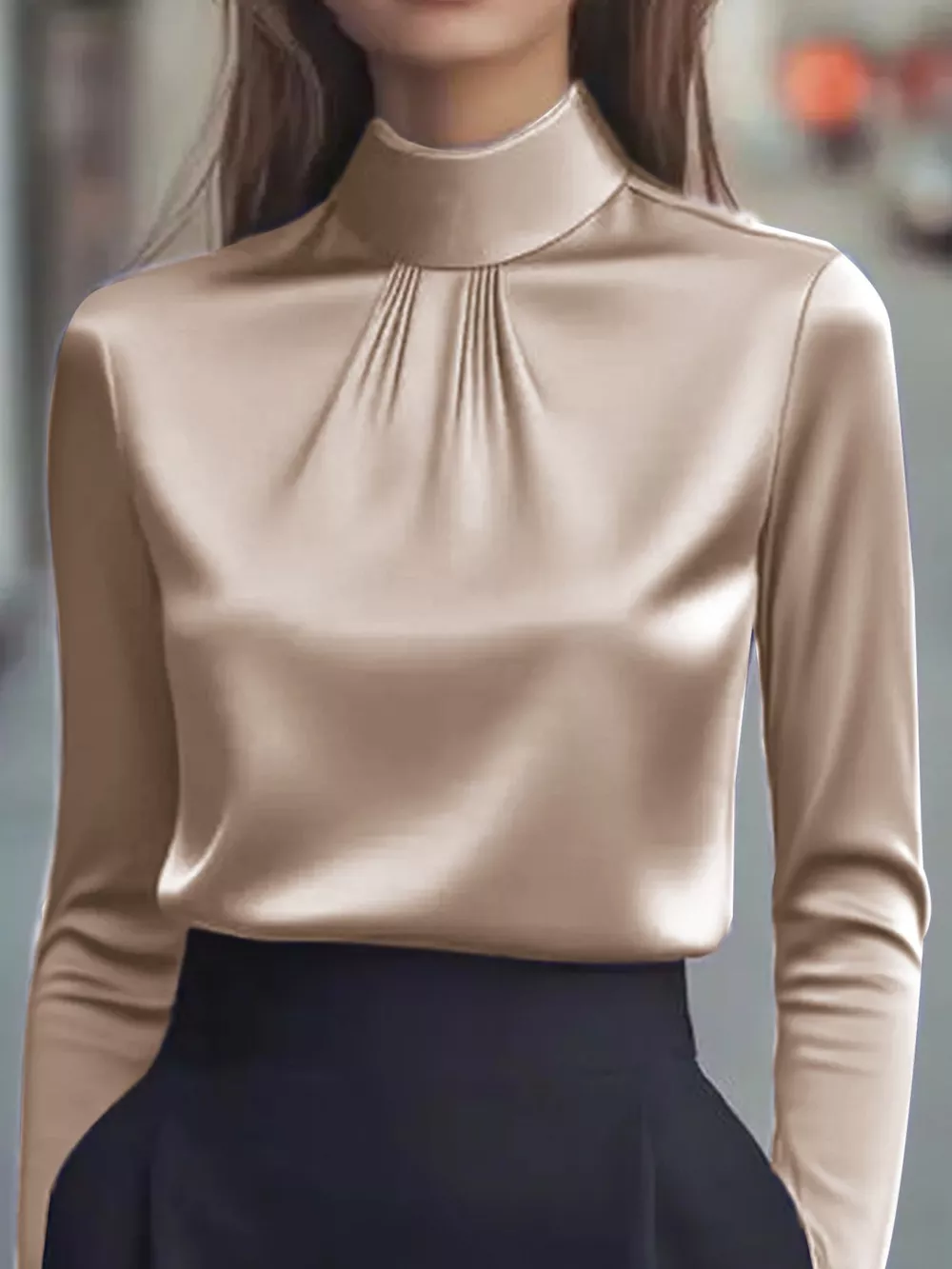 Mock Neck Long Sleeve Blouse with Pleated Detail, image 4