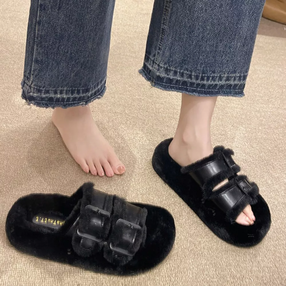 Fuzzy Buckle Detail Slippers, image 4