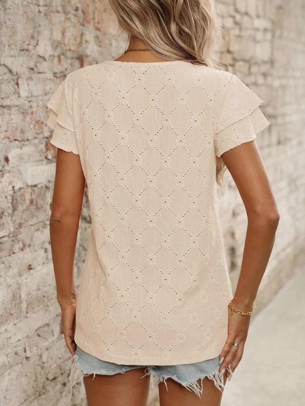 Eyelet Round Neck Double Layered Ruffled Short Sleeve Top, image 12