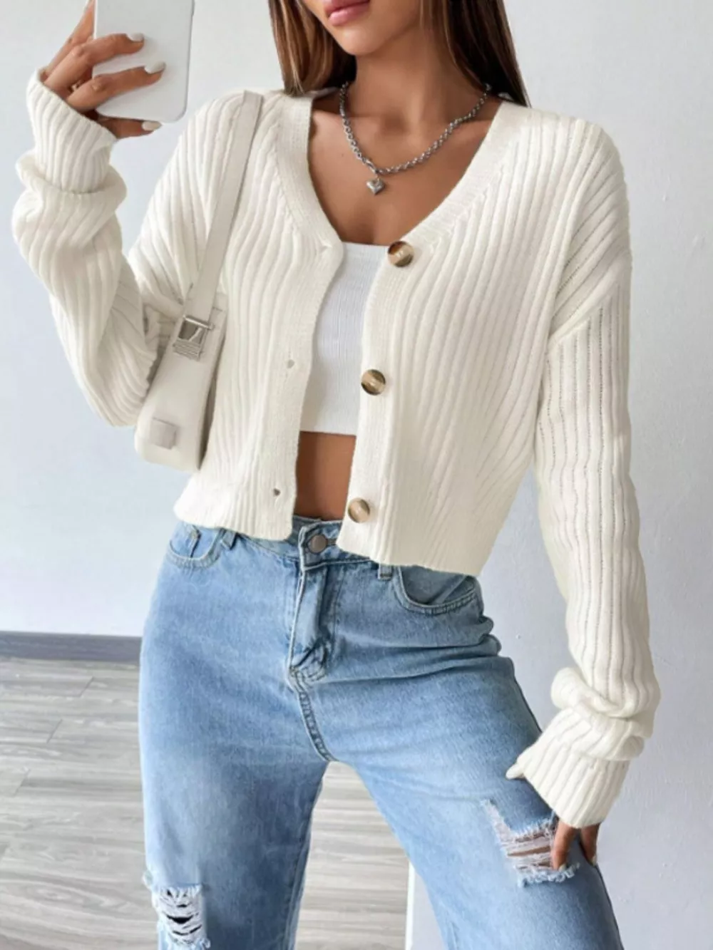 Ribbed Knit Button-Up Cropped Cardigan, image 5