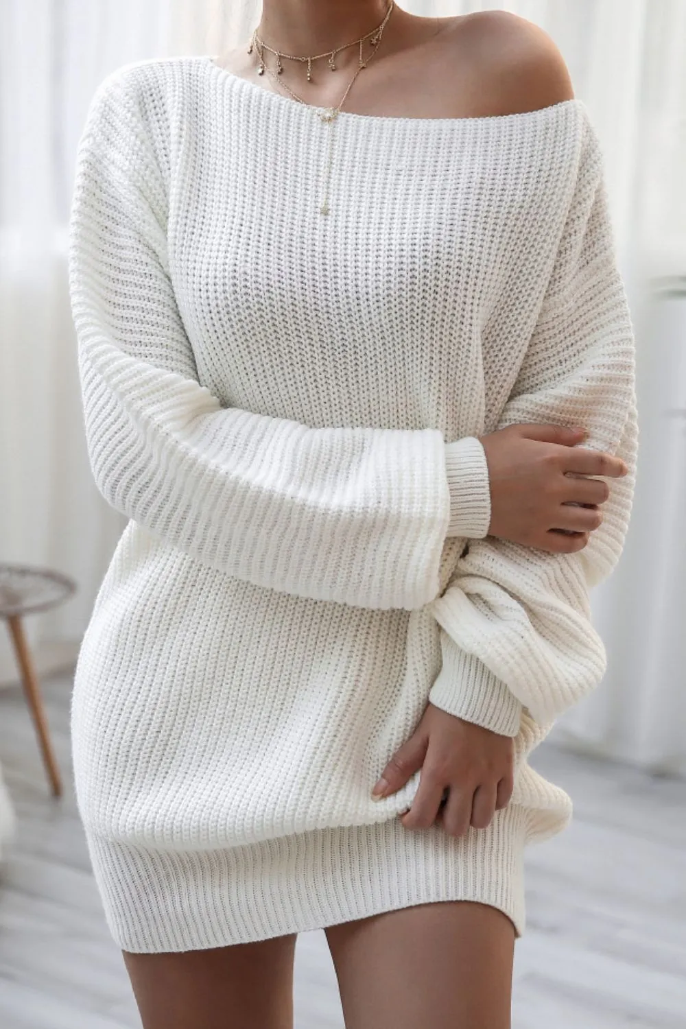 Boat Neck Long Sleeve Mini Sweater Dress, image 7
