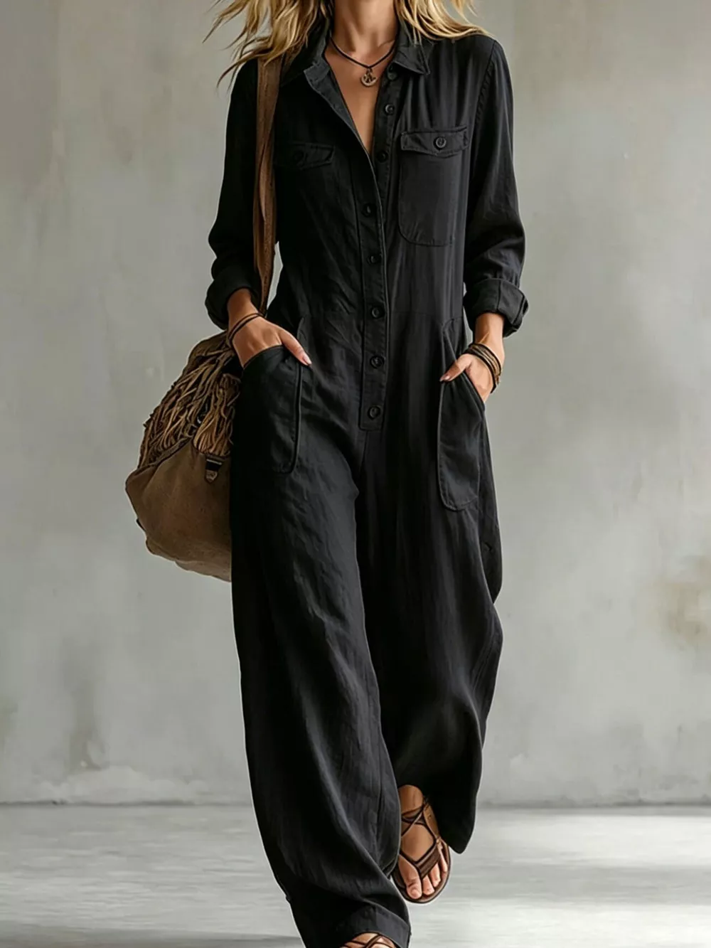 Full Size Long Sleeve Button Front Jumpsuit Plus Size