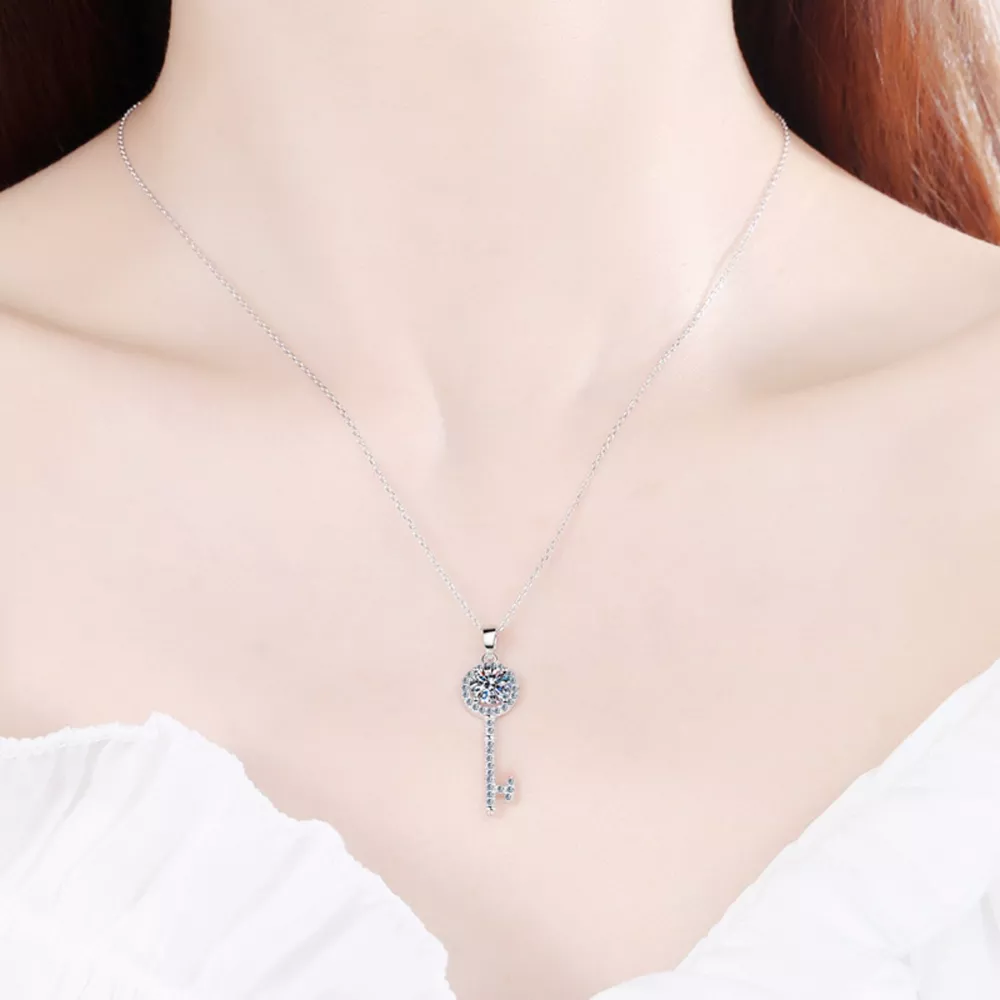 1 Carat 925 Sterling Silver Moissanite Key Pendant Necklace, image 2