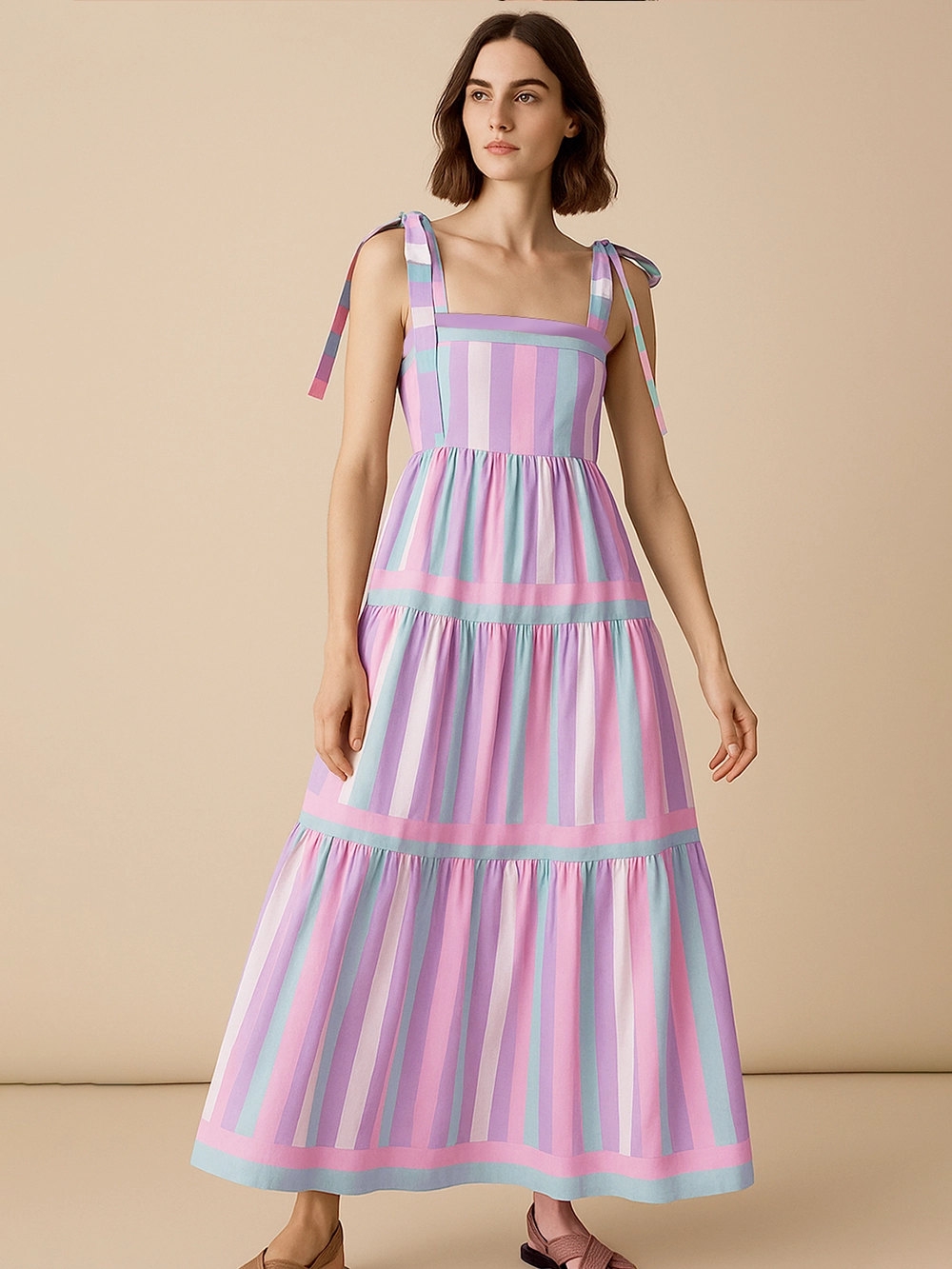 Striped Tiered Maxi Summer Dress with Bow Shoulder Ties
