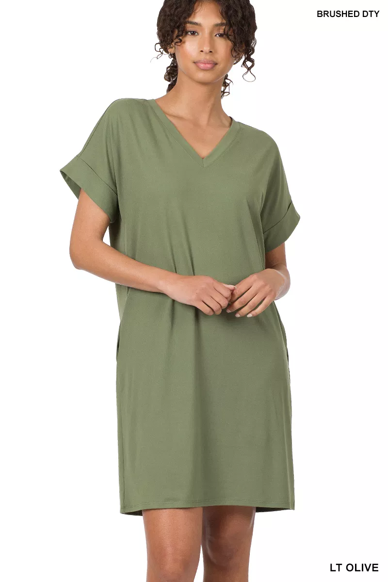 Brushed Dty Rolled Short Sleeve V-Neck Dress, image 2