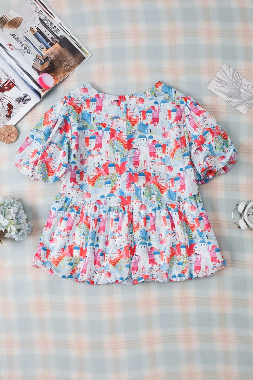 Printed Round Neck Puff Sleeve Blouse, image 2
