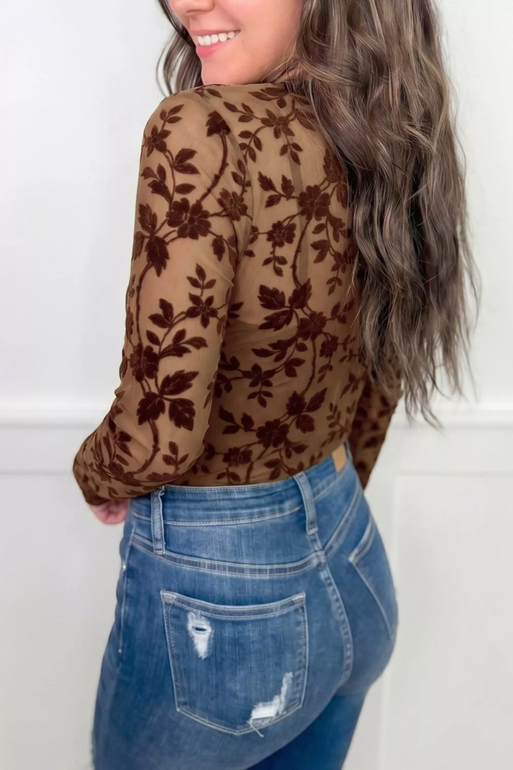 Floral Mesh Long Sleeve Round Neck Casual Sheath Top, image 4