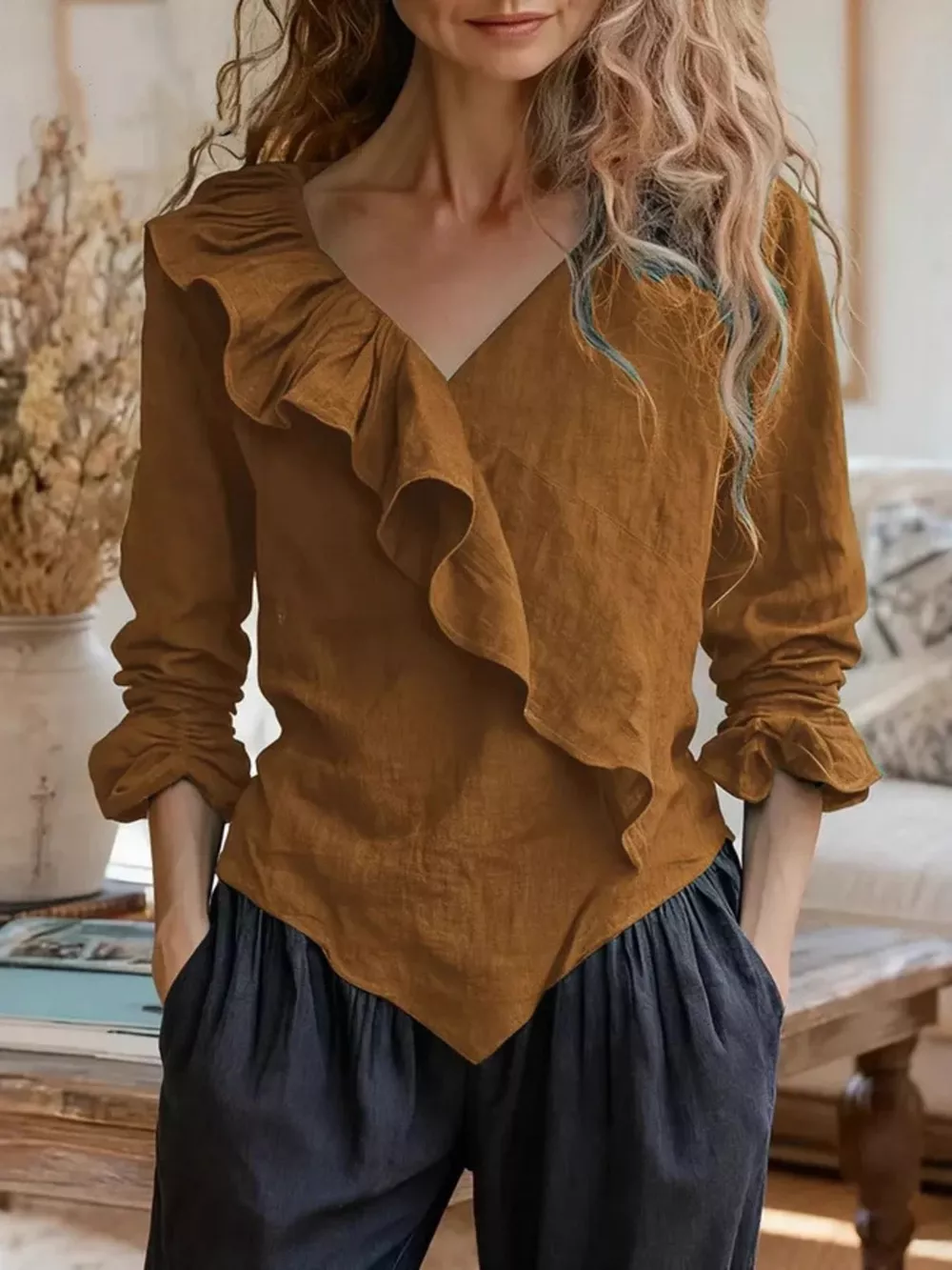 V-Neck Ruffled Long Sleeve Blouse, image 10