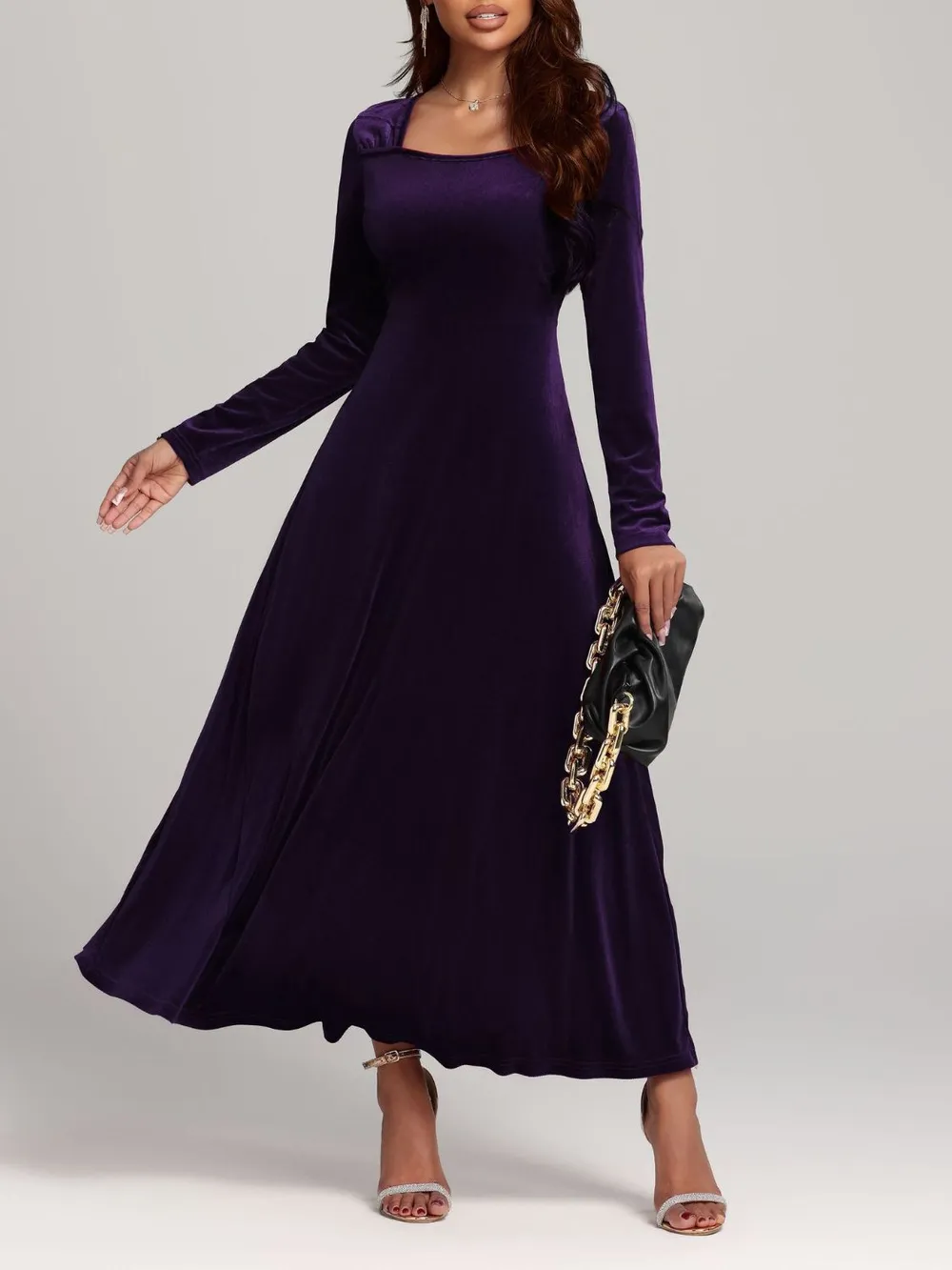 Square Neck Long Sleeve Velvet Dress, image 15
