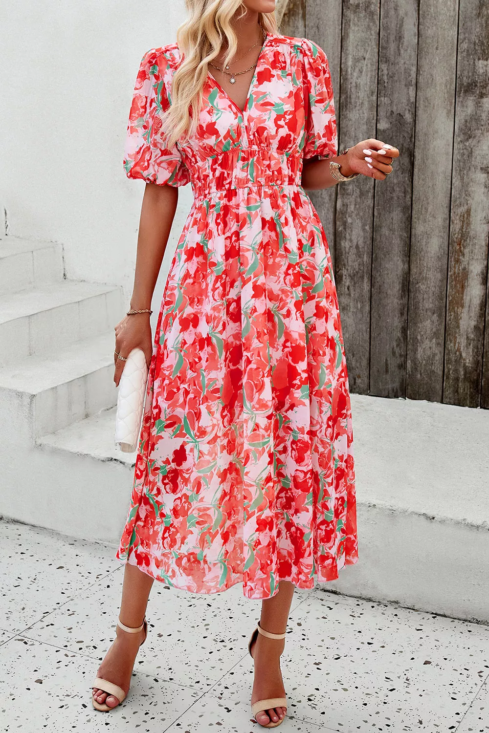Smocked Printed V-Neck Short Sleeve Dress, image 4