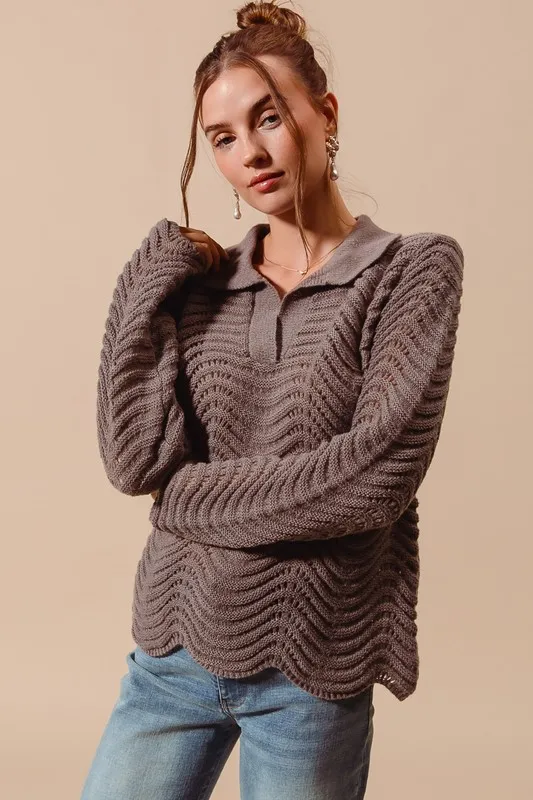 Notched Collar Wavy Texture Sweater Top, image 3