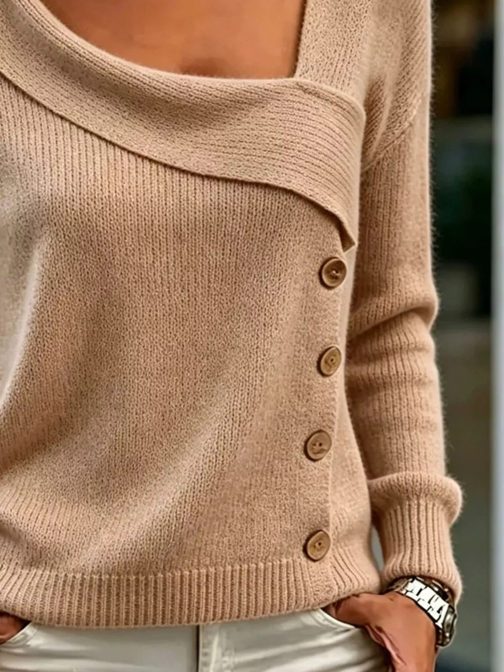 Asymmetric Neckline Button-Decorated Sweater, image 6