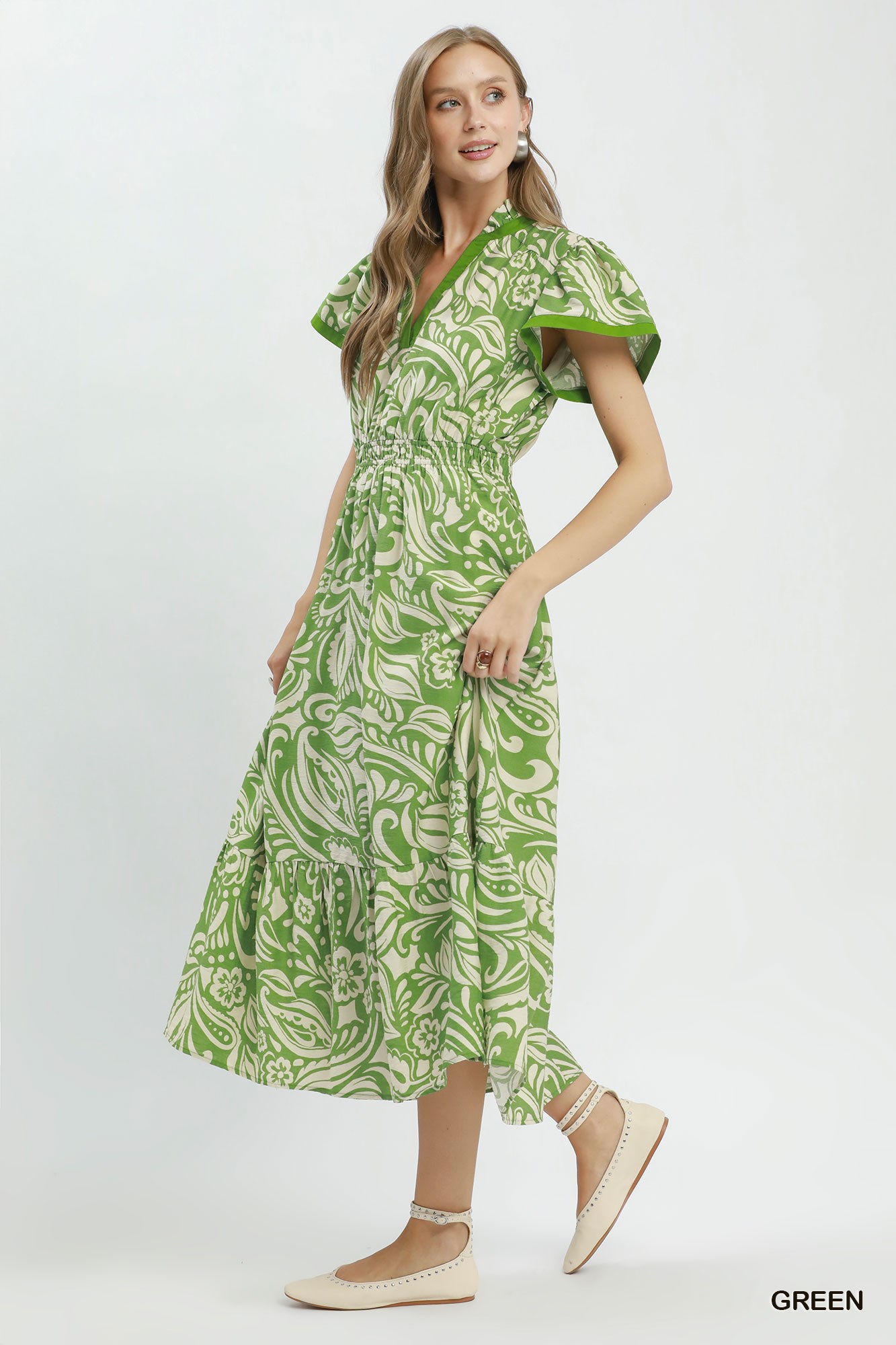 Paisley Print Midi Dress with Side Pockets, image 2