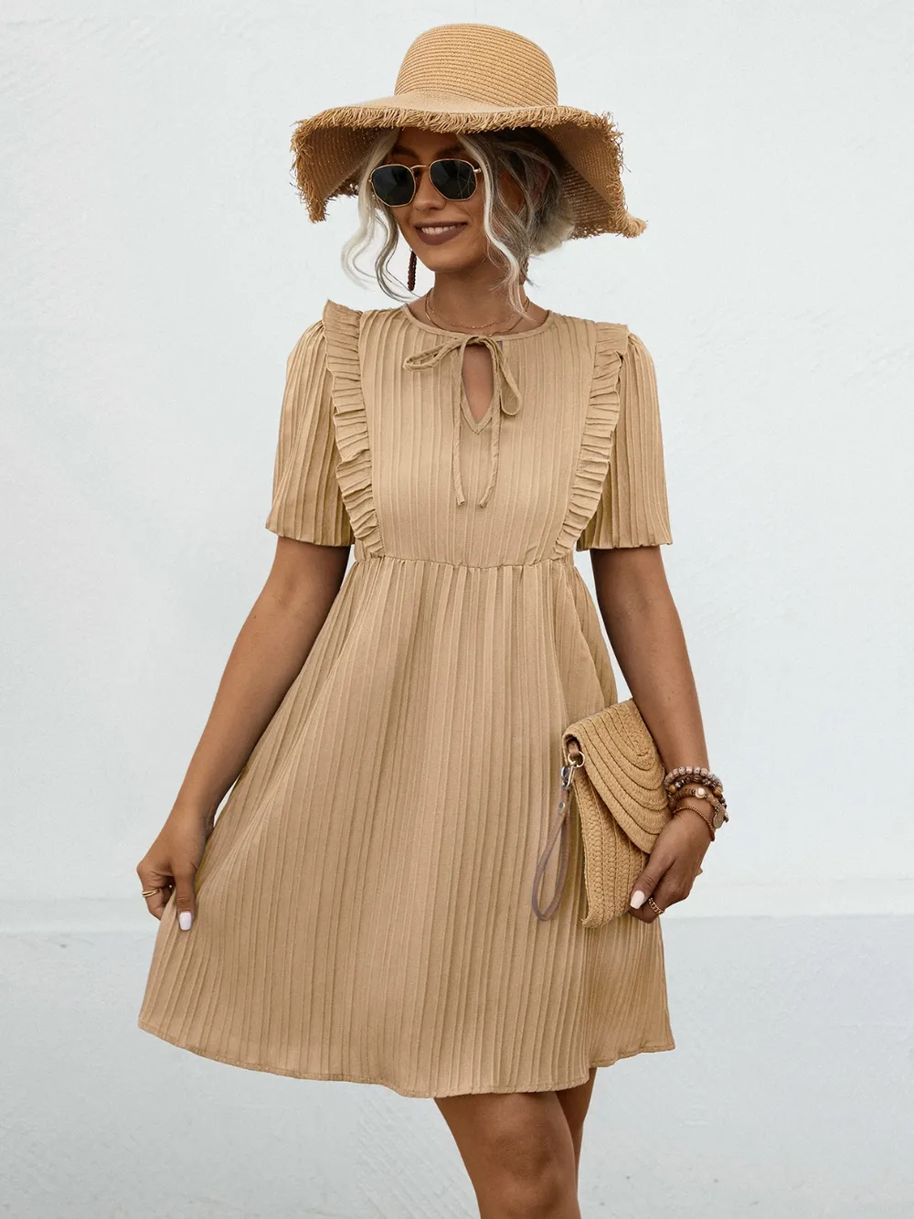 Tie Neck Short Sleeve Mini Dress, image 7