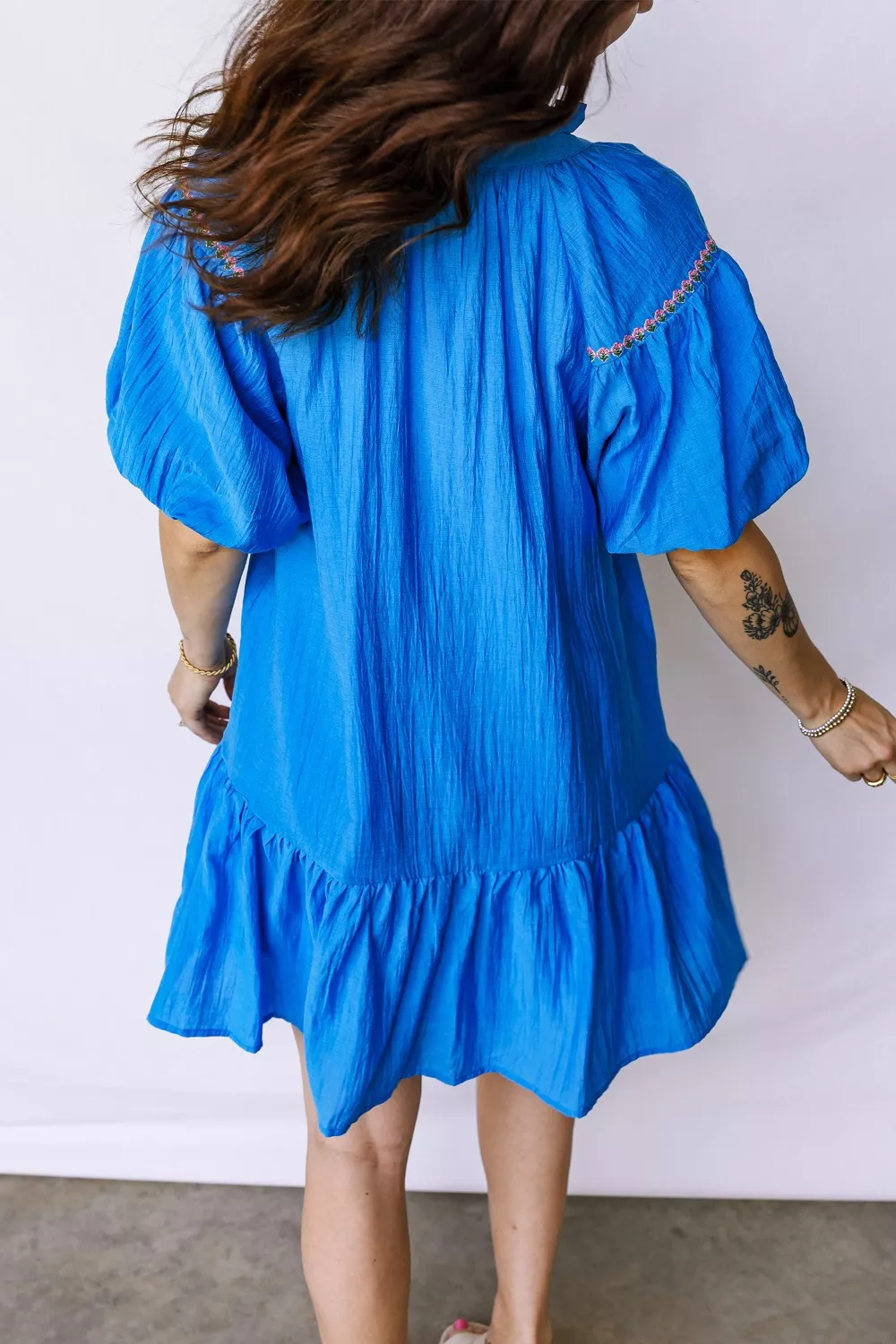 Flower Embroidered Split Neck Short Puff Sleeve Ruffle Hem Dress, image 2