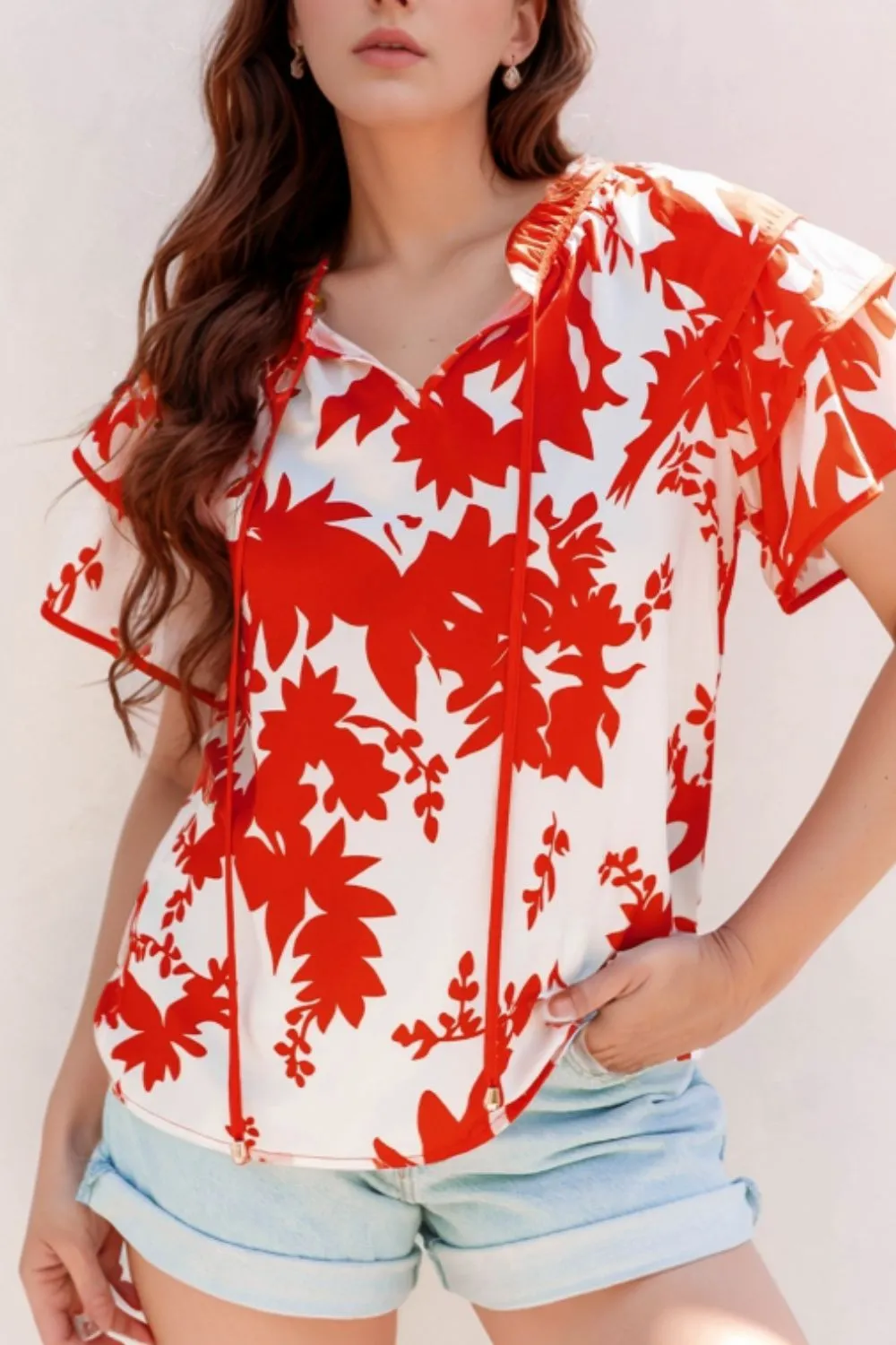 Plant Print Tiered Ruffled Sleeve Tie Neck Blouse, image 5