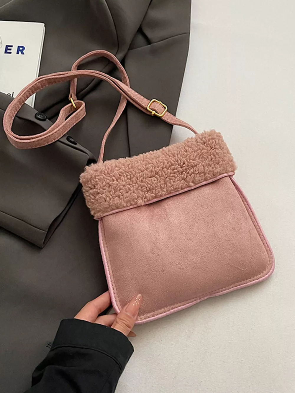 Teddy Bear Charm Plush Trim Crossbody Bag, image 9