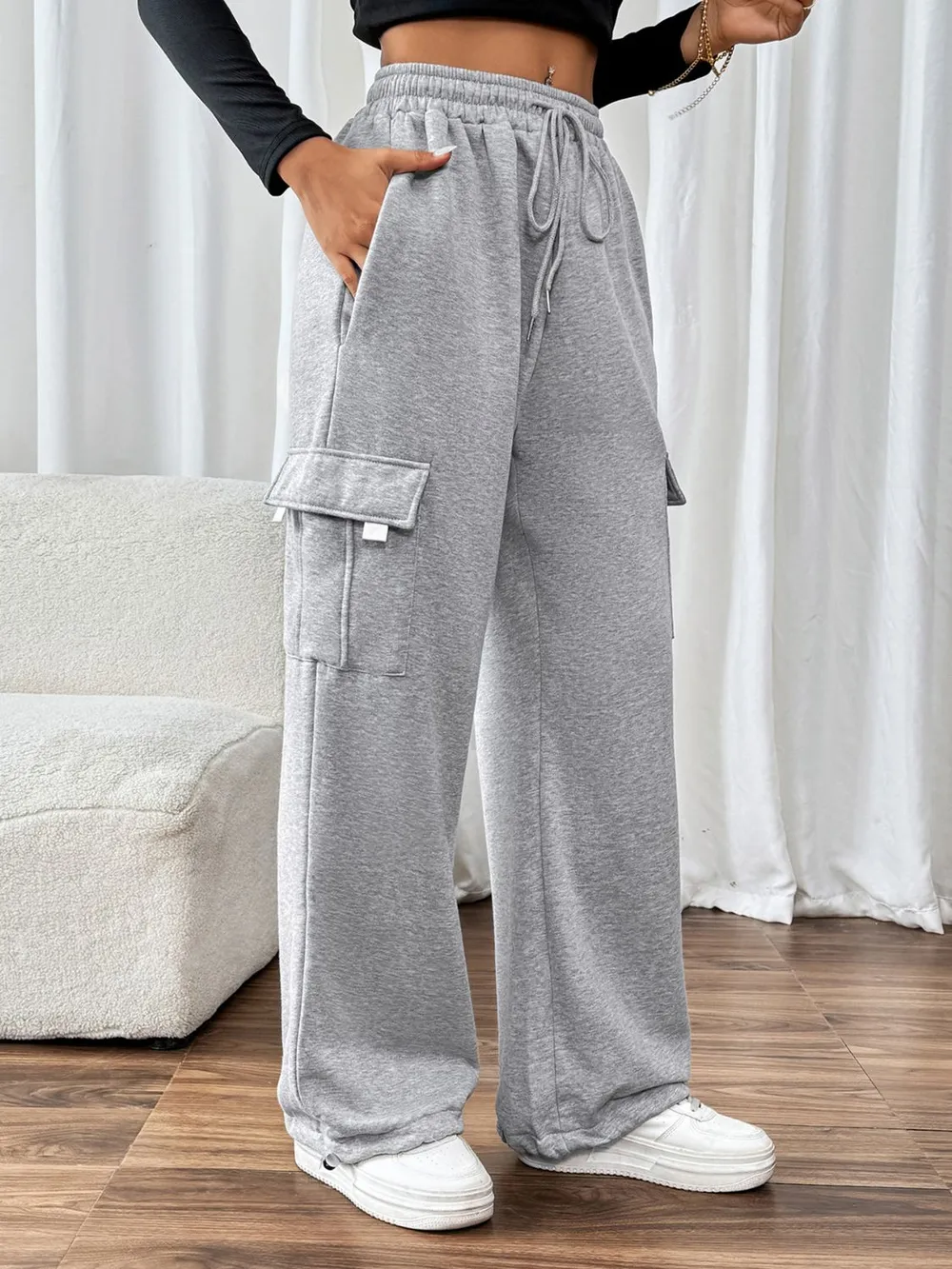 Drawstring Elastic Waist Joggers with Pockets, image 3
