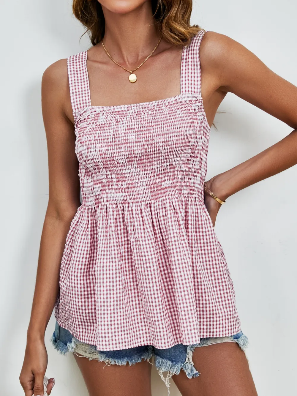 Smocked Plaid Square Neck Tank, image 6