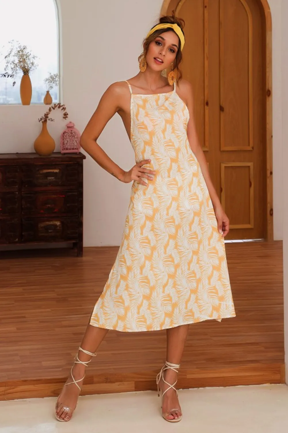 Slit Crisscross Printed Sleeveless Cami Dress, image 3