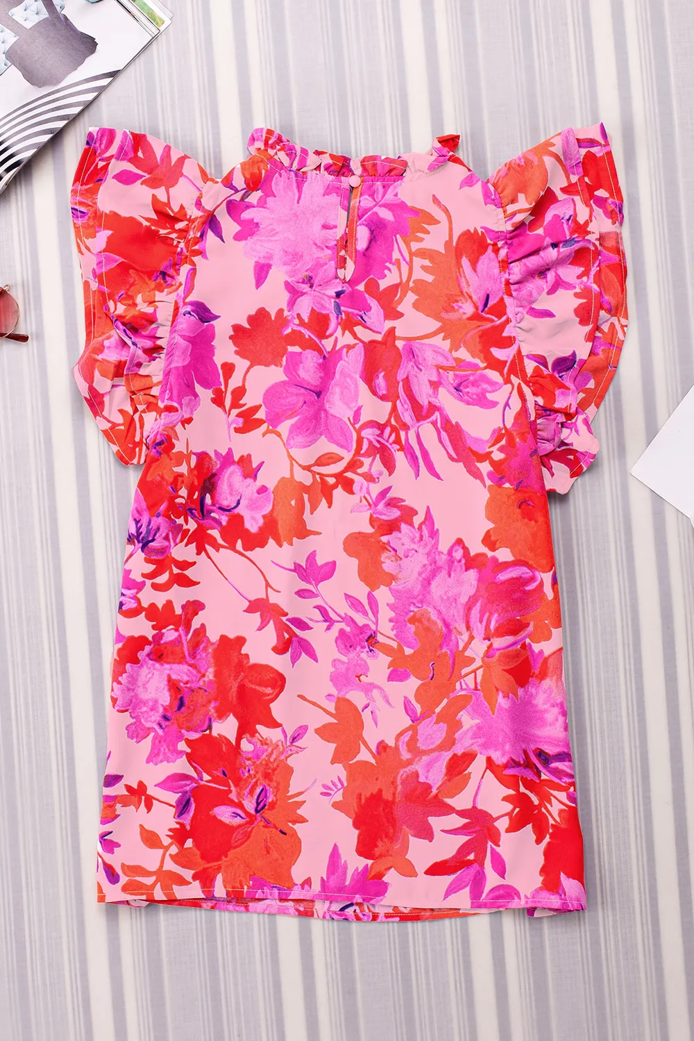 Frill Floral Mock Neck Cap Sleeve Blouse, image 6