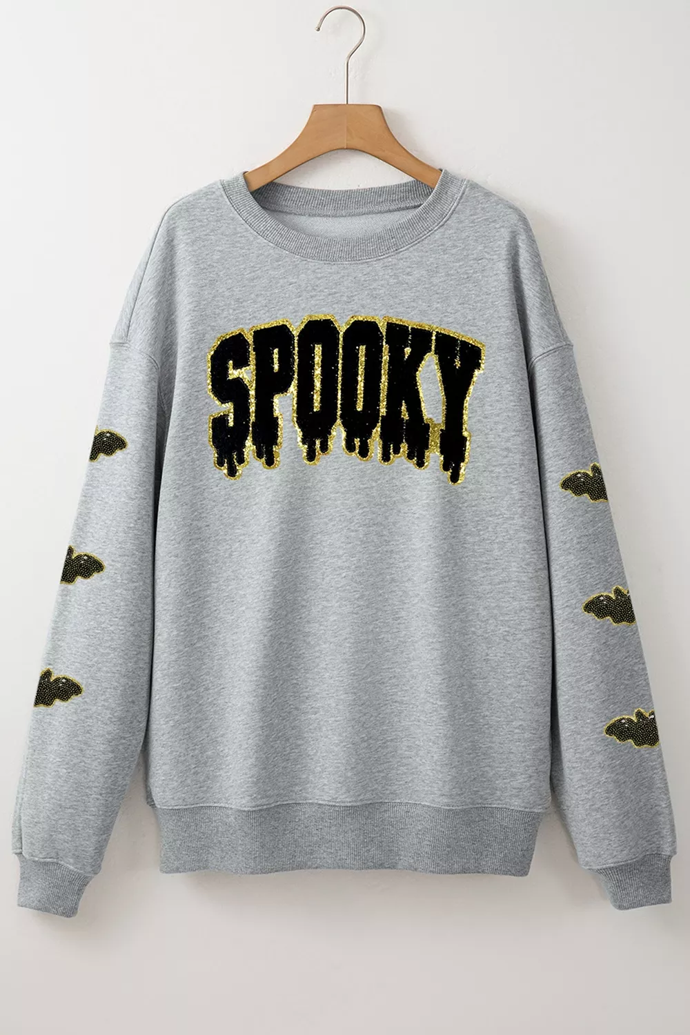 Sequin SPOOKY Halloween Bat Embellished Sleeve Pullover Sweatshirt, image 8