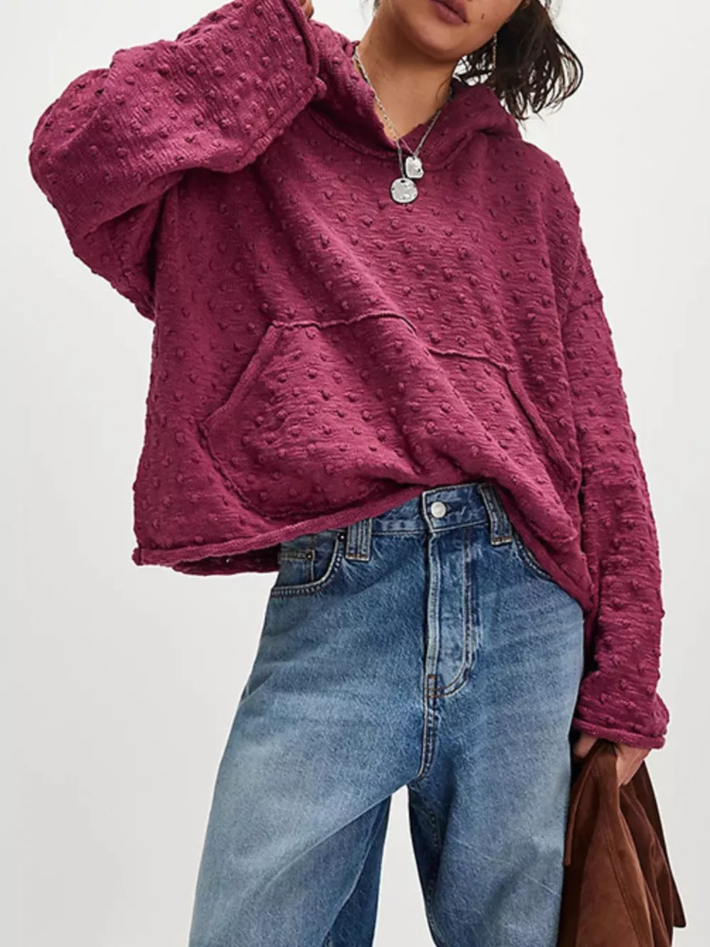 Textured Dot Knit Long Sleeve Hooded Sweater