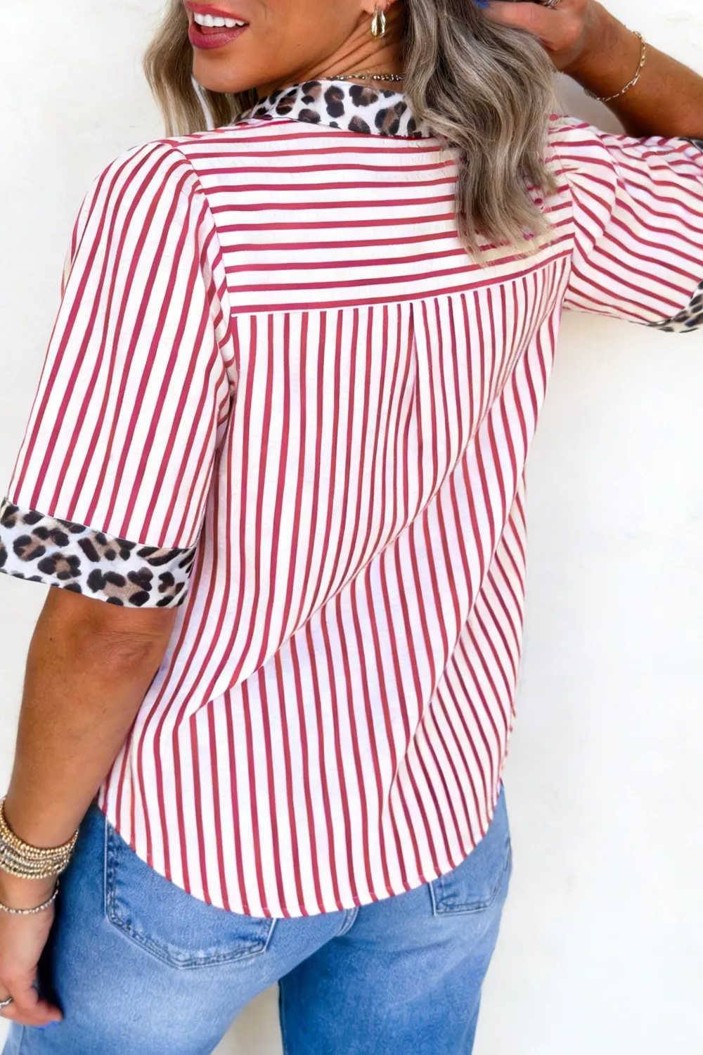 Leopard Trim Striped Button Up Shirt, image 3