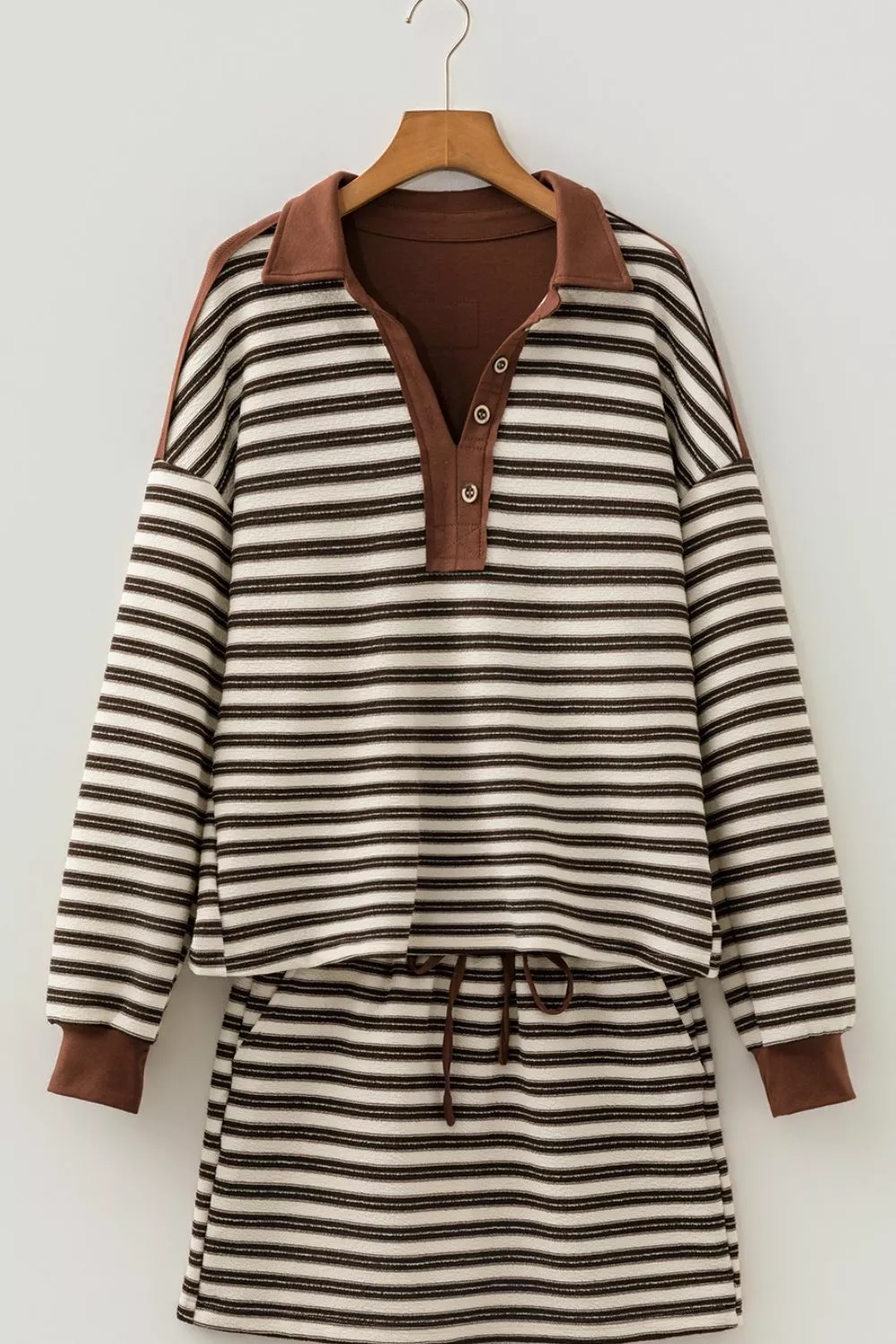 Stripe Contrast Trim Button Neck Long Sleeve Top Drawstring Mini Skirt Set, image 7
