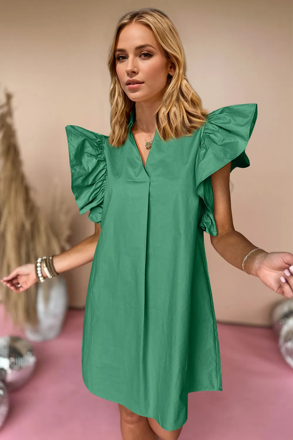 Ruched Jnny Collar Cap Sleeve Mini Dress, image 2