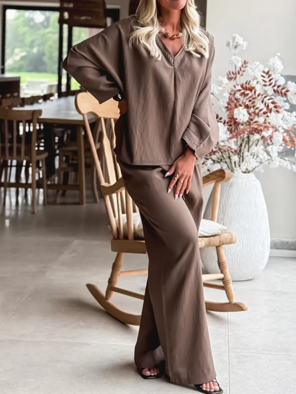 Braided V Neck Long Sleeve Loose Top and Drawstring High Waist Pants 2pcs Outfit, image 5