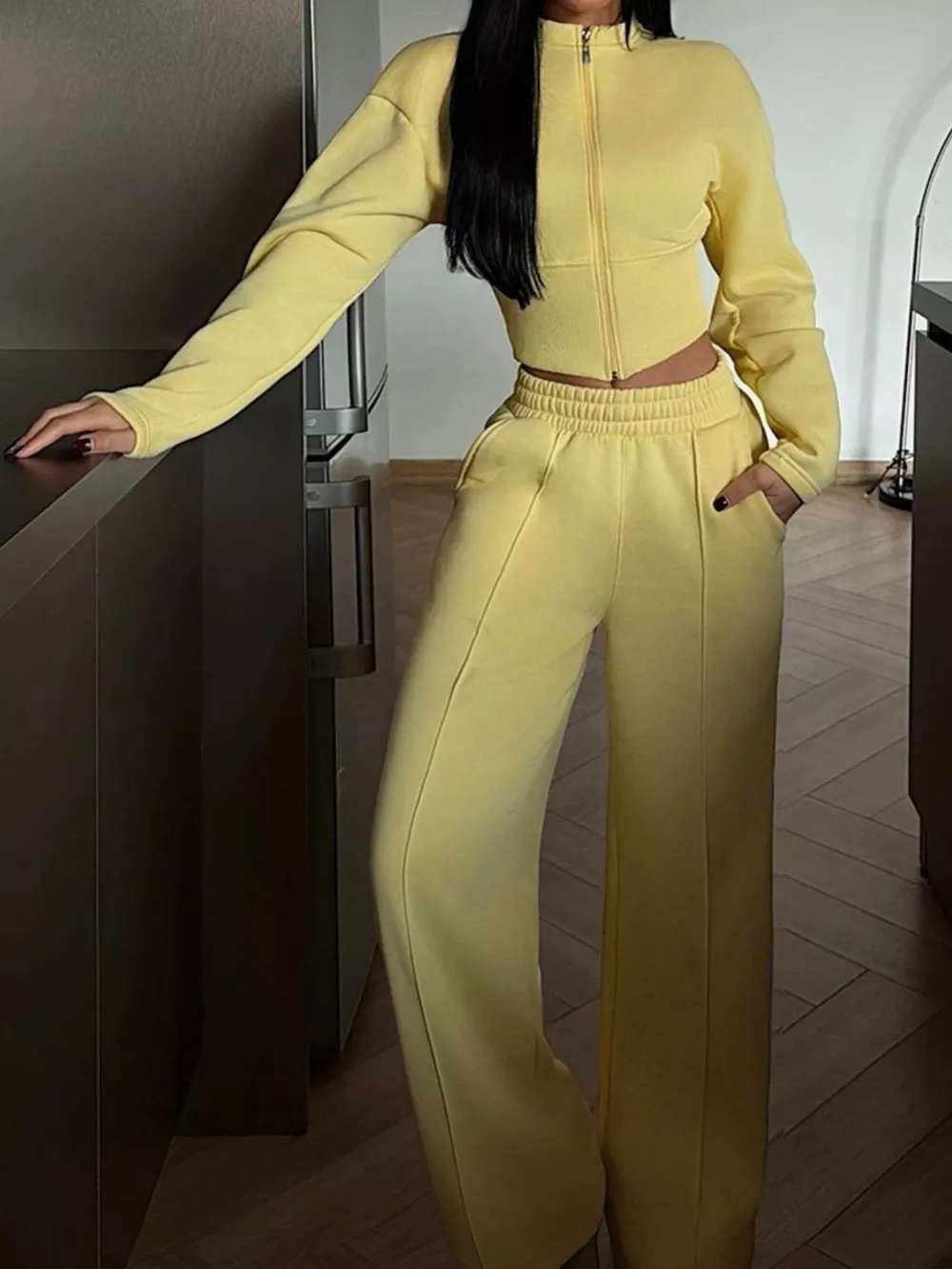 Zip-Up Crop Jacket and Wide-Leg Pants Set, image 24