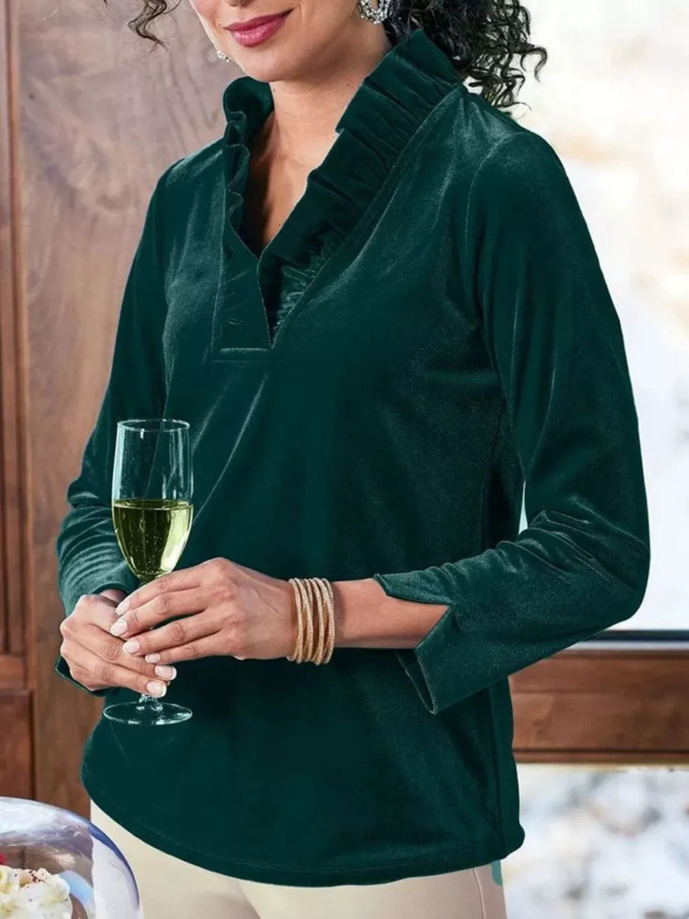 Velvet Long Sleeve Blouse with Ruffled V-Neck, image 6
