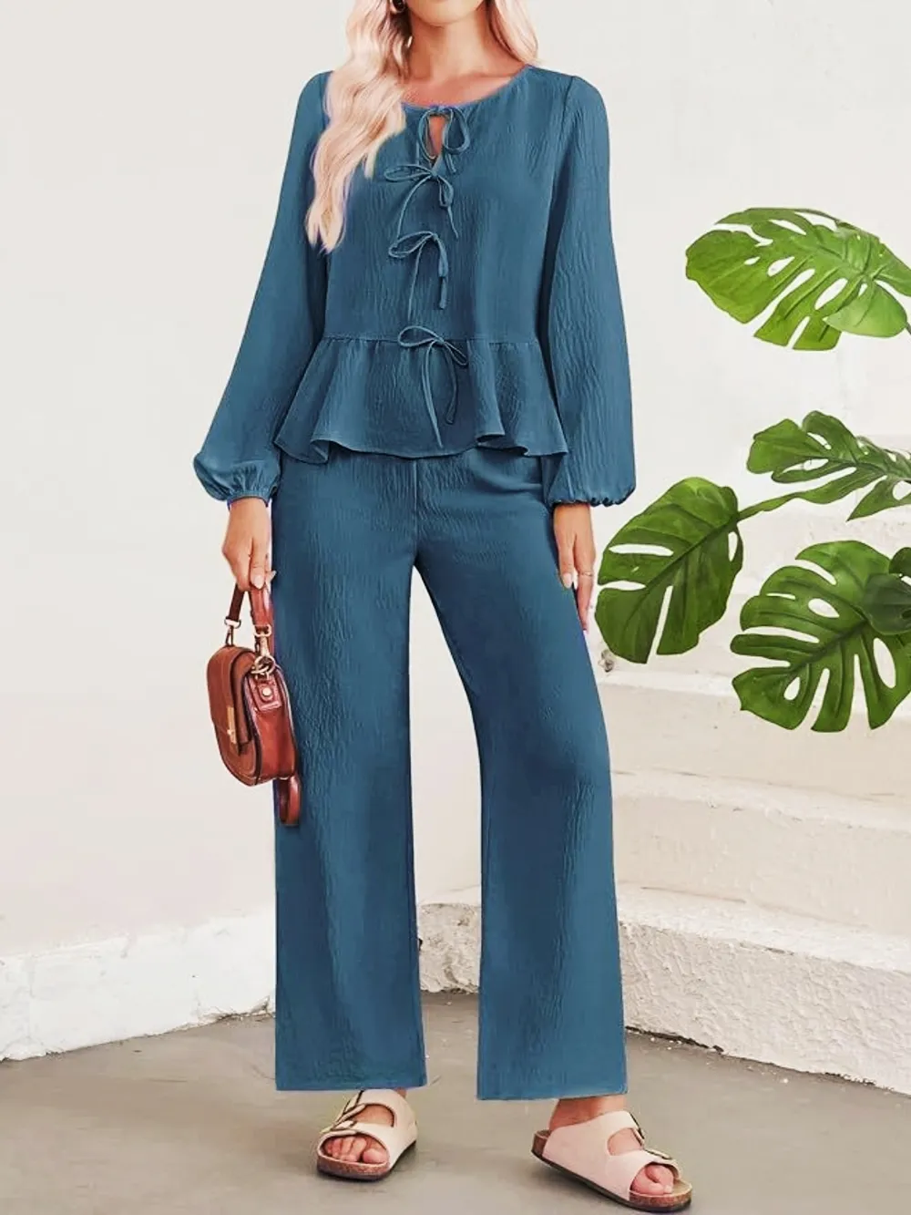 Tie Neck Balloon Sleeve Top and Pants Set
