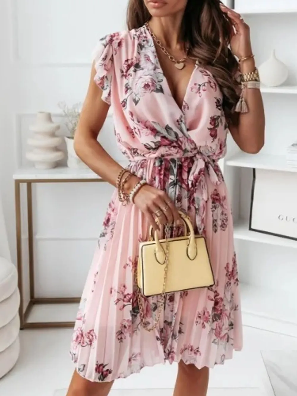 Floral Surplice Ruffled Cap Sleeve Dress, image 9